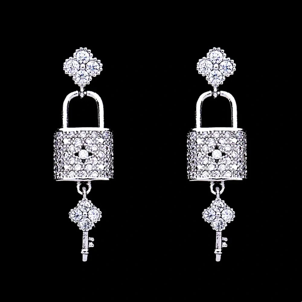 STERLING SILVER BLOSSOM LOCK KEY EARRINGS - Picture 3 of 11